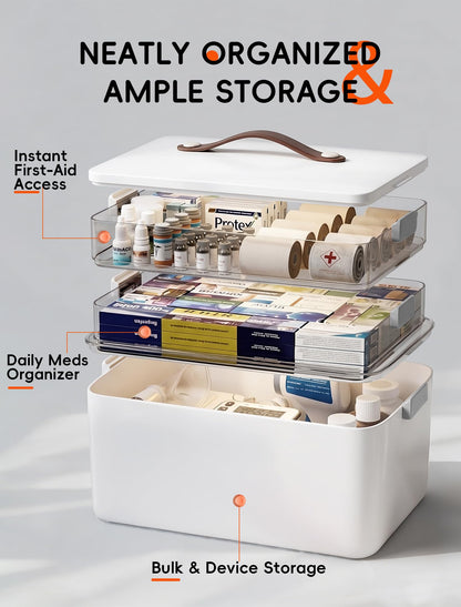 Medicine Storage Box, 3-Tier Medicine Organiser with Carry Handle, Large First Aid Storage Container with Clear Trays, White Medicine Storage Case