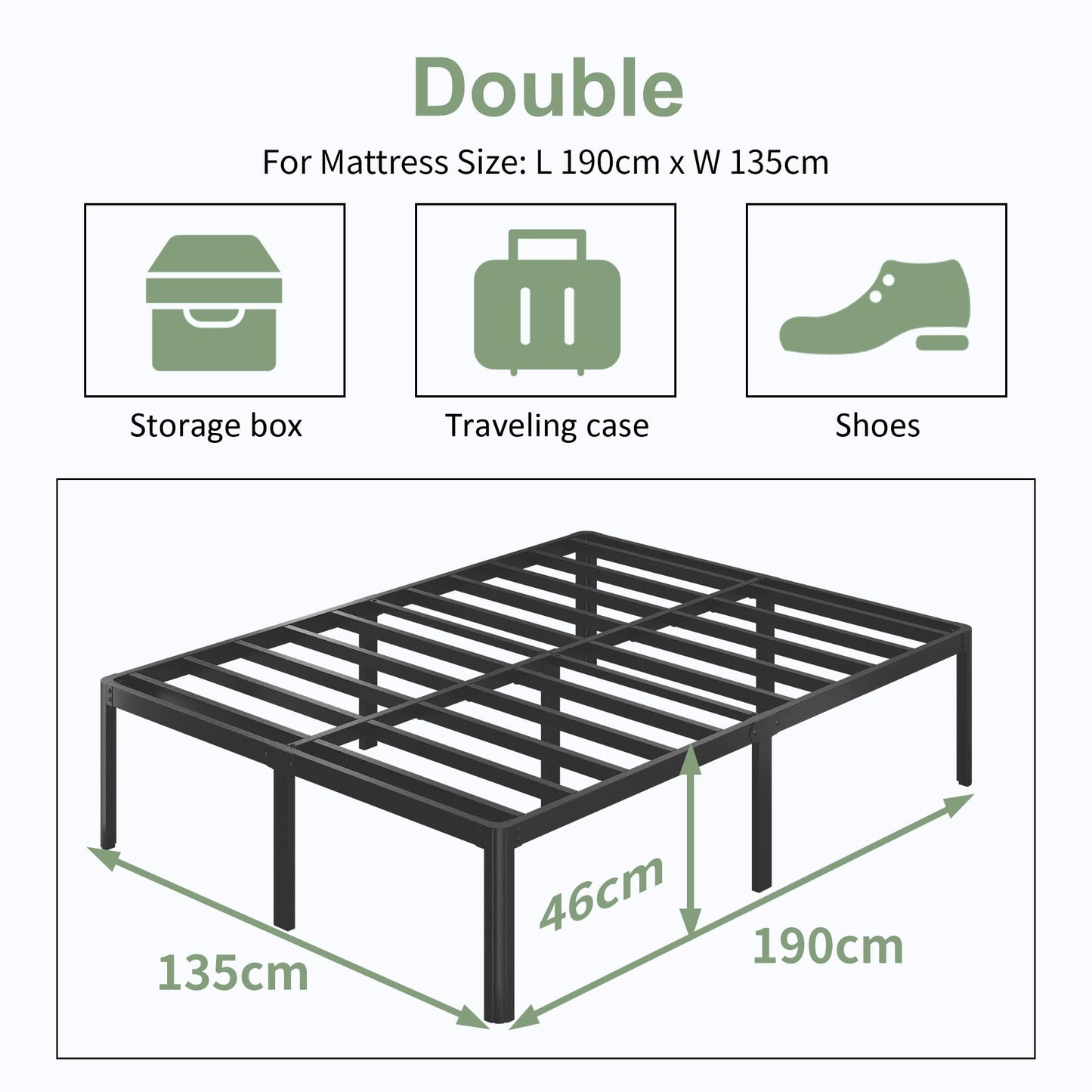 Lutown-Teen High Double Bed Frame 4ft6 with Rounded Corner Legs, Heavy Duty Metal Bed Frame Small Double with Steel Slats Support, Double Bed 46 cm