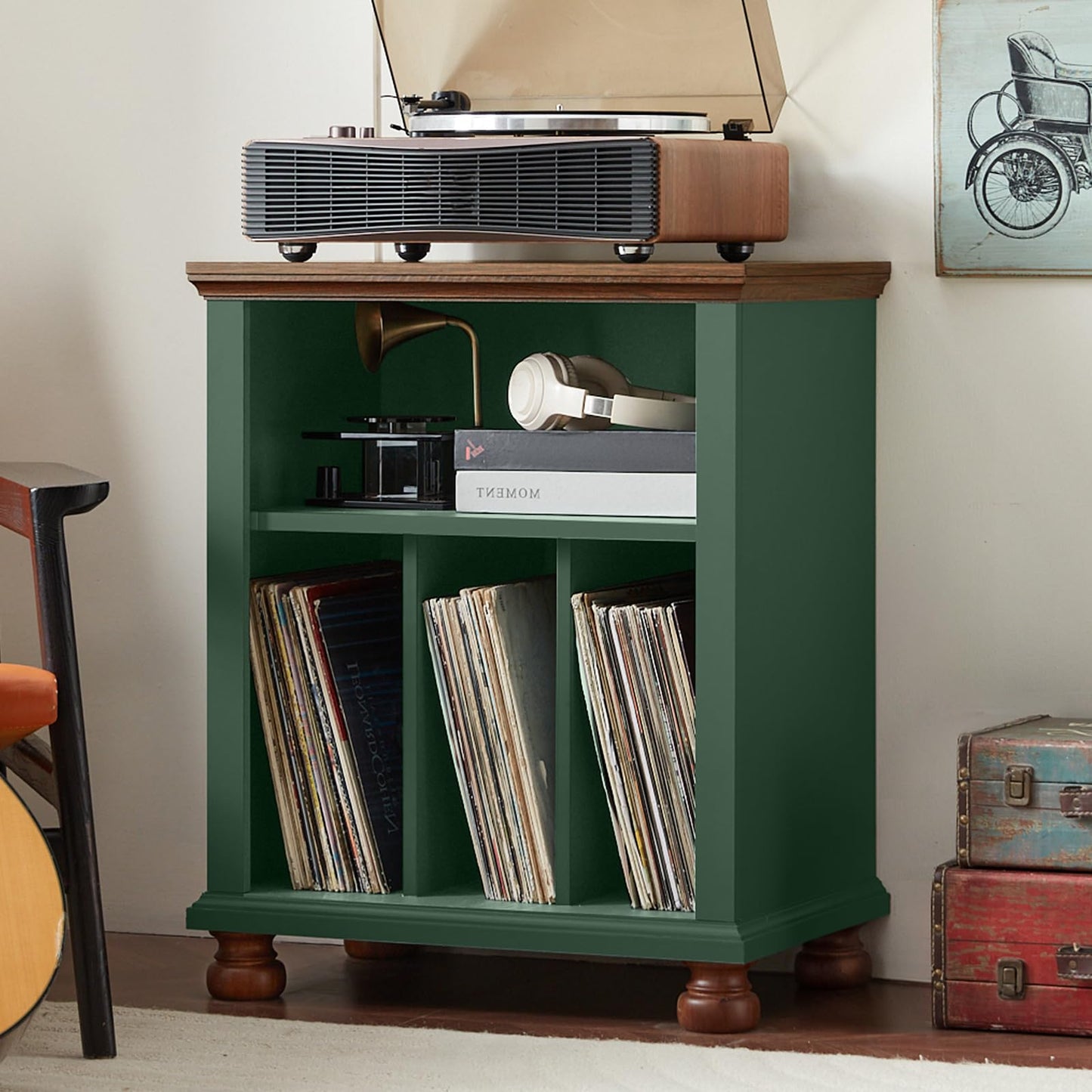 LELELINKY Large Record Player Stand with Vinyl Record Storage, 24" Wide Wood Turntable Stand, Mid-Century Record Player Table Up to 200 Albums