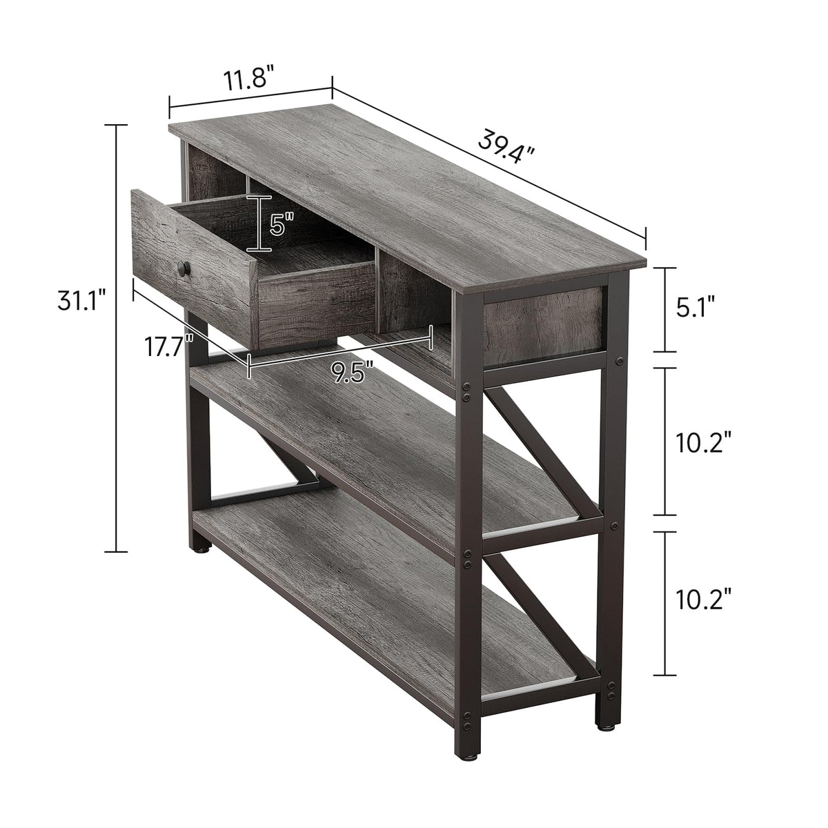 CAIYUN Console Table with Drawer Shelves, 100cm Hallway Table with Storage Shelves, Industrial Wood Entryway Sofa Table for Living Room, Couch, Foyer