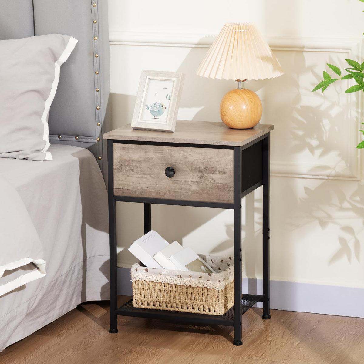 AMHANCIBLE Bedside Table, Side Tables Set of 2 with Fabric Drawer, Sofa Table with Storage Shelf, Nightstand with Metal Frame