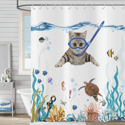 Hnmdmyi Funny Cat Shower Curtain 180x200, Cute Kitten Swimming in Teal Blue Ocean Bathroom Curtains Sea Turtle Tropical Fish Jellyfish Starfish Coral