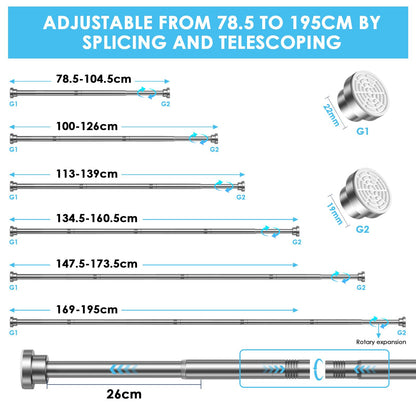 Shower Curtain Pole,Extendable Curtain Poles 79-195Cm,Shower Poles Extendable No Drill,Shower Curtain Rail Non-Slip,Sliver Shower Pole For