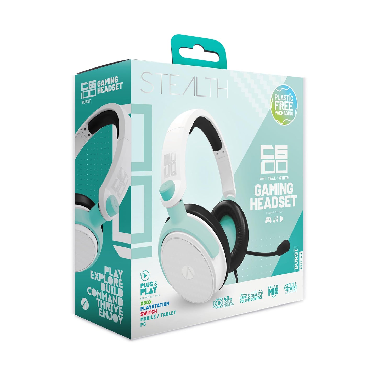 STEALTH C6-100 Gaming Headset BURST Edition - Teal White, Compatible with Current Gen Consoles, with Flexible Mic, 3.5mm Jack, 1.5m Cable,