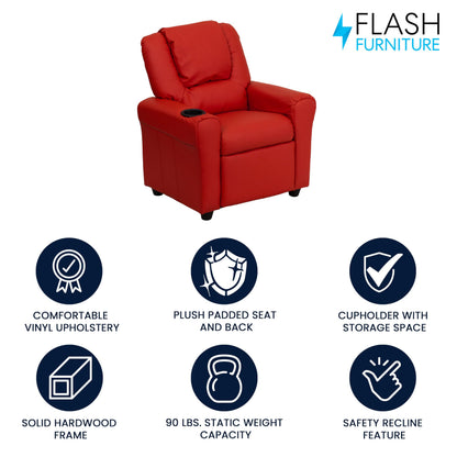 Flash Furniture Contemporary Kids Recliner with Cup Holder and Headrest, Wood, Red Vinyl, 60.96 x 48.26 x 48.26 cm