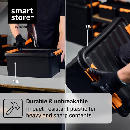 SmartStore extra-durable plastic storage boxes with lids | 31 L | 6-pack | Stackable bins with clip locks for tools, garage, or moving | BPA-free