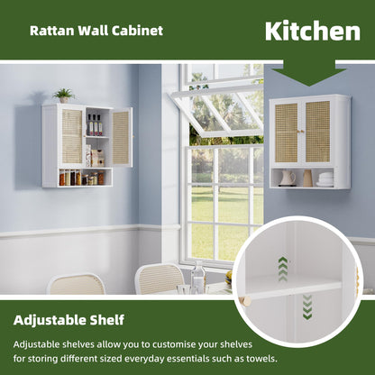 vovala Bathroom Wall Cabinet, Bamboo Over-The-Toilet Storage Organizer with 2 Rattan Doors and Adjustable Shelf
