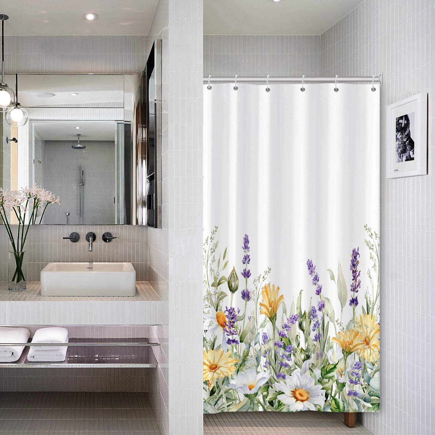 Bovlleetd Purple Lavender Small Shower Curtain Spring Botanical Watercolor Rustic Flowers Plant Shower Curtain for Bathroom Waterproof Fabric Bathtub