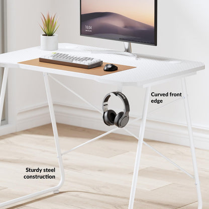 Properav Computer Study Desk White for Home Office PC Monitor Laptop Gaming with Headphone Hook & Cup Holder