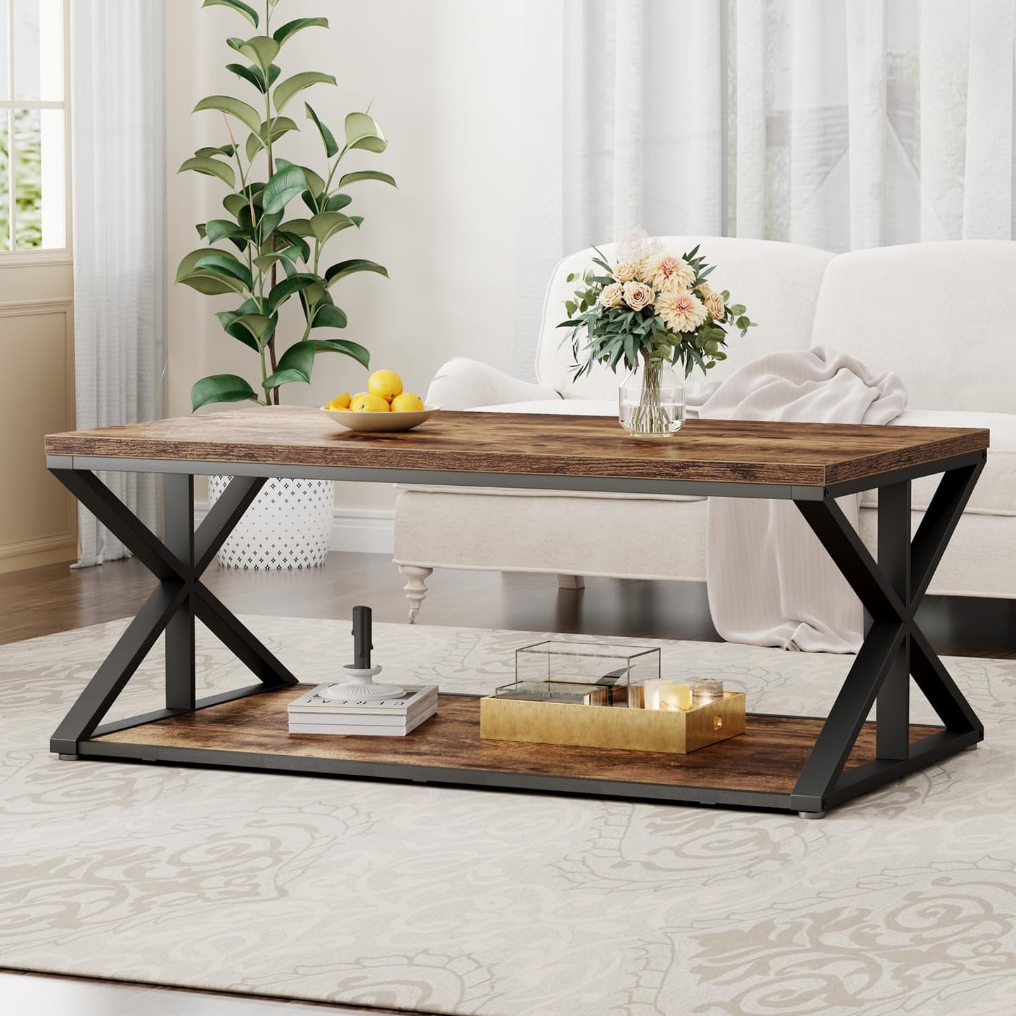 HSH Rustic Coffee Table, Farmhouse Coffee Tables for Living Room, Rectangle Wooden Center Tables with Storage