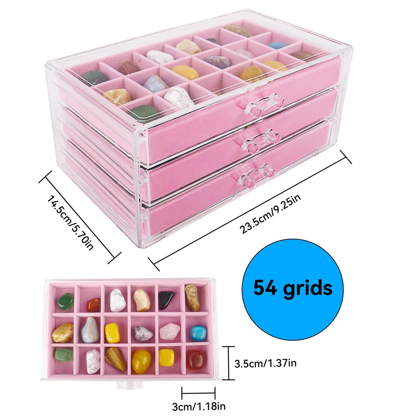 Dmnnlp Rock Display Case, 3 Drawers 54 Grids Rock Collection Box, Storage Cases for Gemstone Fossil Crystal Stone Jewellery (Pink)