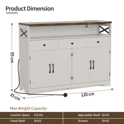 BonVache Sideboards Cabinet with Power Outlets,Wooden Storage Sideboard with Adjustable Shelf,3 Drawers and Open Shelf,Buffet Cupboard for Living