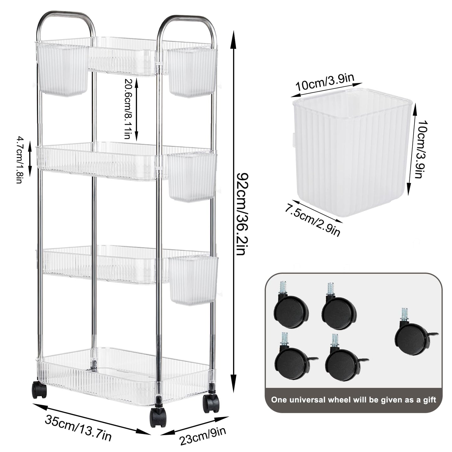 Speclux 4-Tier Clear Acrylic Rolling Storage Trolley on Wheels with Bonus Hanging Cups, Lockable Wheels & Handle