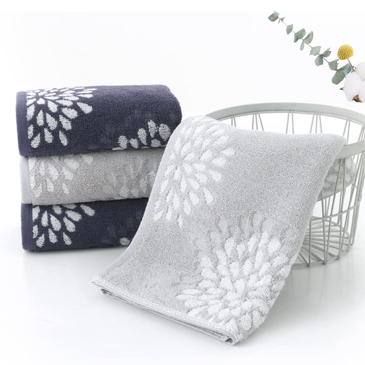 Pidada Hand Towels Set of 4 Hydrangea Floral Pattern 100% Cotton Absorbent Soft Decorative Towel for Bathroom (Light Grey)