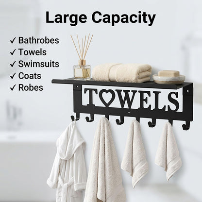 Raoletin Metal Hot Tub Towel Rack Wall Mounted Towel Holder with Shelf and 8 Towels Hooks for Bathrooms