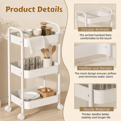 Siocok 3 Tier Metal Storage Trolley on Wheels, Storage Cart, Rolling Utility Cart, Easy Assembly for Home Kitchen, Bathroom Laundry and Office