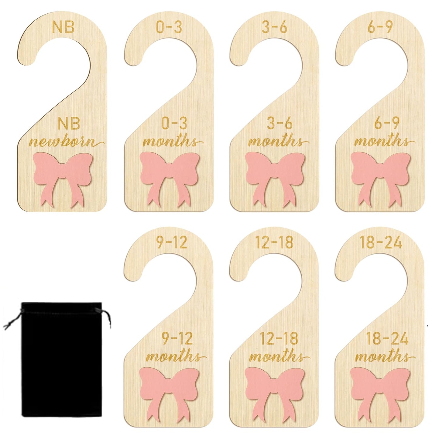 7Pcs Wooden Baby Wardrobe Dividers, 3D Coquette Pink Bow Baby Clothes Dividers from Newborn to 24 Month