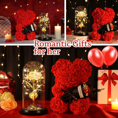POHOMEGK Rose Bear Mothers Day Flower Gifts for Women, Rose Teddy Bear Birthday Gifrs for Mum Wife Daughter Girlfriend, Flower Bear Beauty and The