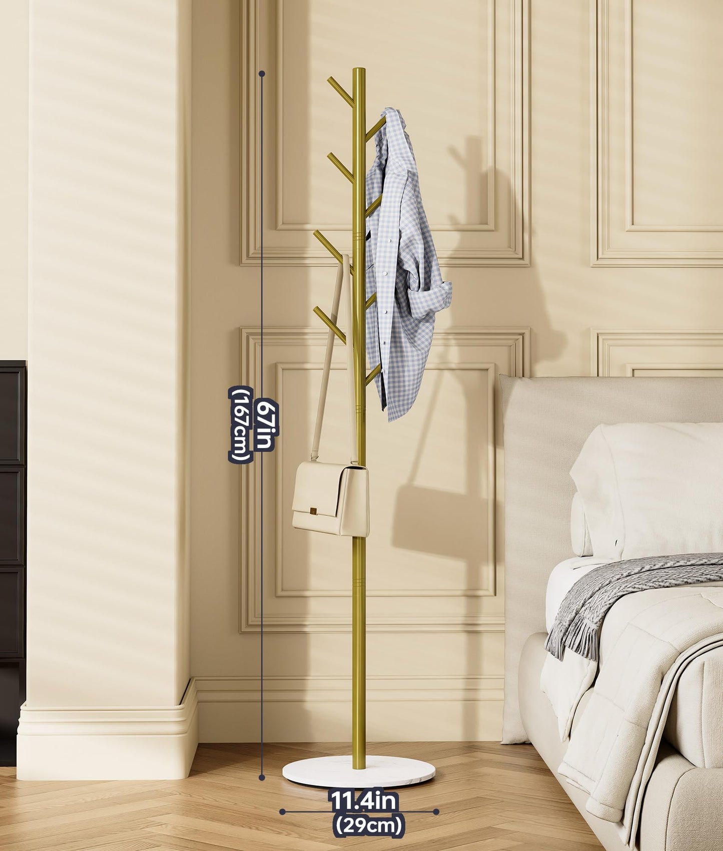Tujurich Coat Rack with 8 Hooks, 3 Adjustable Heights, Modern Hall Tree, Sturdy Metal Coat Stand with Sintered Stone Base, for Hallway