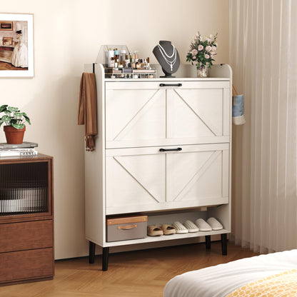 HOME BI Farmhouse Shoe Cabinet with Two Flip Drawers,3-Tier Shoe Storage Organizer with Open Shelf & Top Display,Freestanding Narrow Hidden Shoe Rack