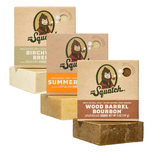 Dr. Squatch Men's Natural Bar Soap Made from Natural Oils - 3 Pack - Cold Process Soap with No Harsh Chemicals - Birchwood Breeze, Summer Citrus, Wood