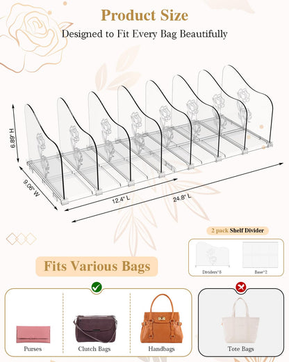 SURETIVIAN 2 Pack Adjustable Handbag Organiser Storage for Wardrobe, Clear