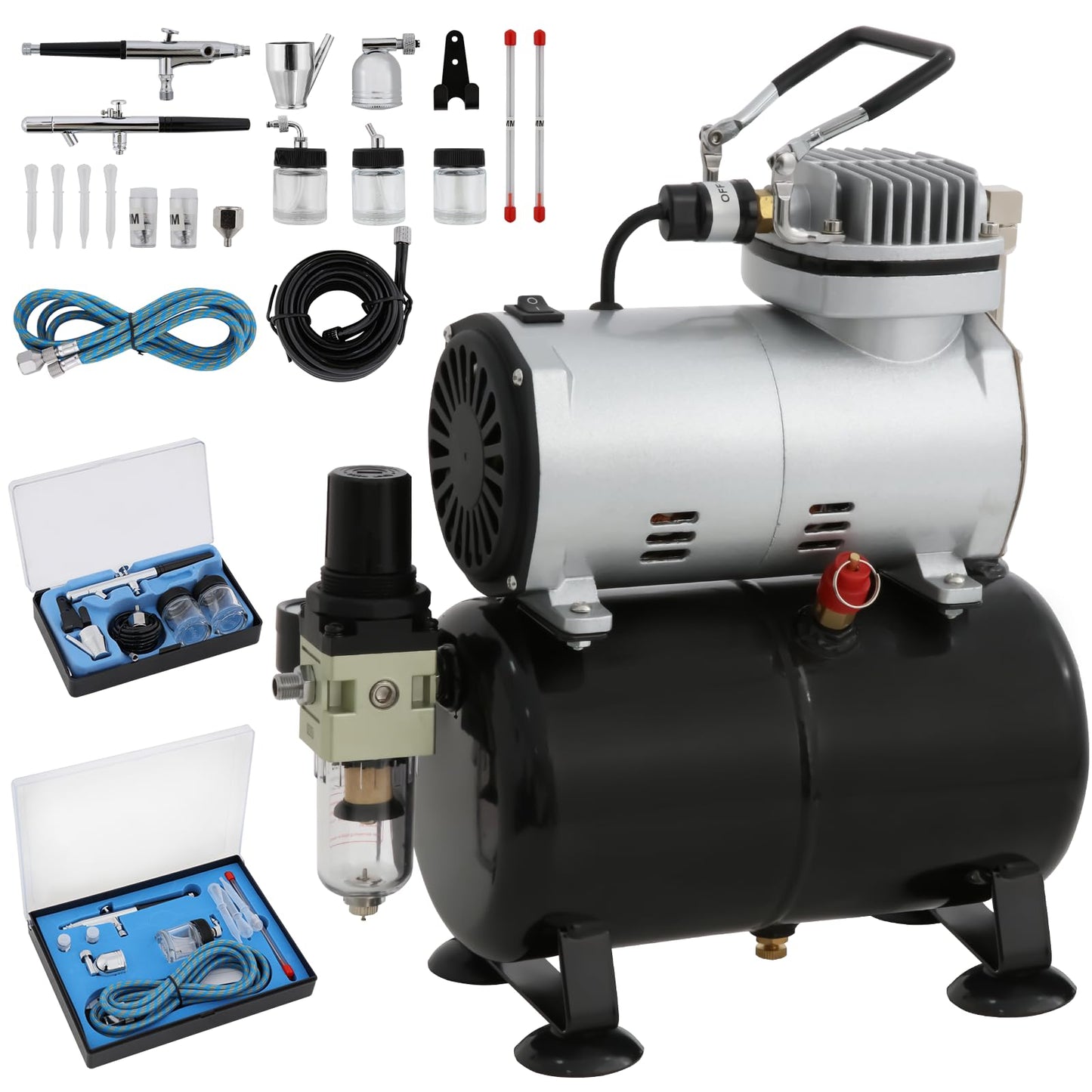 VELPEX Airbrush Kit with Air Compressor with 2pcs Airbrush Kit and 1pcs High Working Pressure Air Compressor, for Hobbies Crafts Nail Art Tattoos Cake