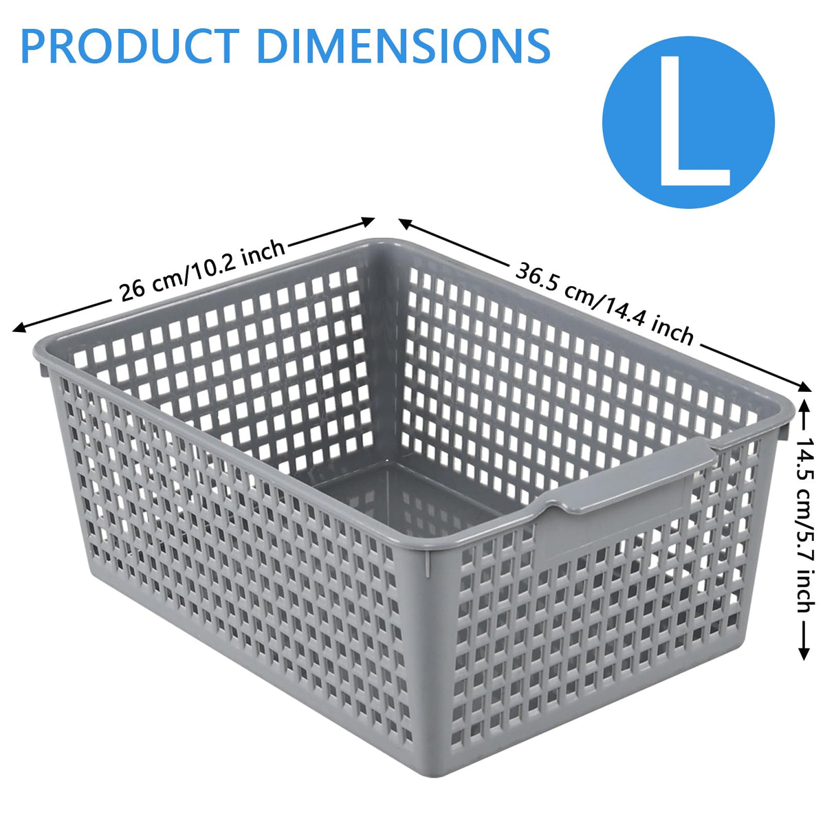 Minekkyes Set of 6 Plastic Cupboard Basket, Large Rectangle Storage Baskets for Home Office Bathroom Shelves(Gray)