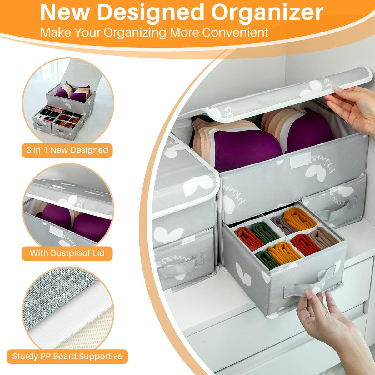 EASEVE Sock Underwear Drawer Organiser with Lid - Wardrobe Clothes Storage Boxes with Dividers, Foldable Fabric Closet Organizer for Bra, Sock, Shirt