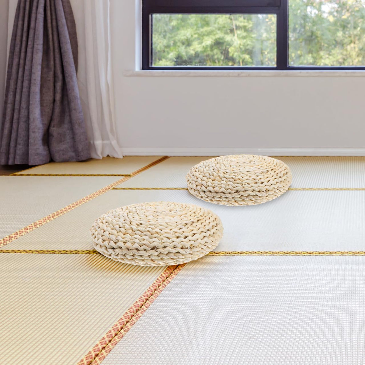 CAXUSD Round Straw-Woven Breathable Yoga Meditation Mat