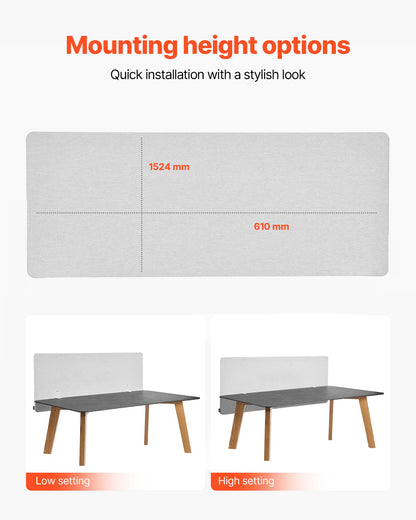VEVOR Desk Divider Privacy Panel, 1524 x 610 mm Clamp-on Office Desk Partition, PET Cubicle Partition Panel
