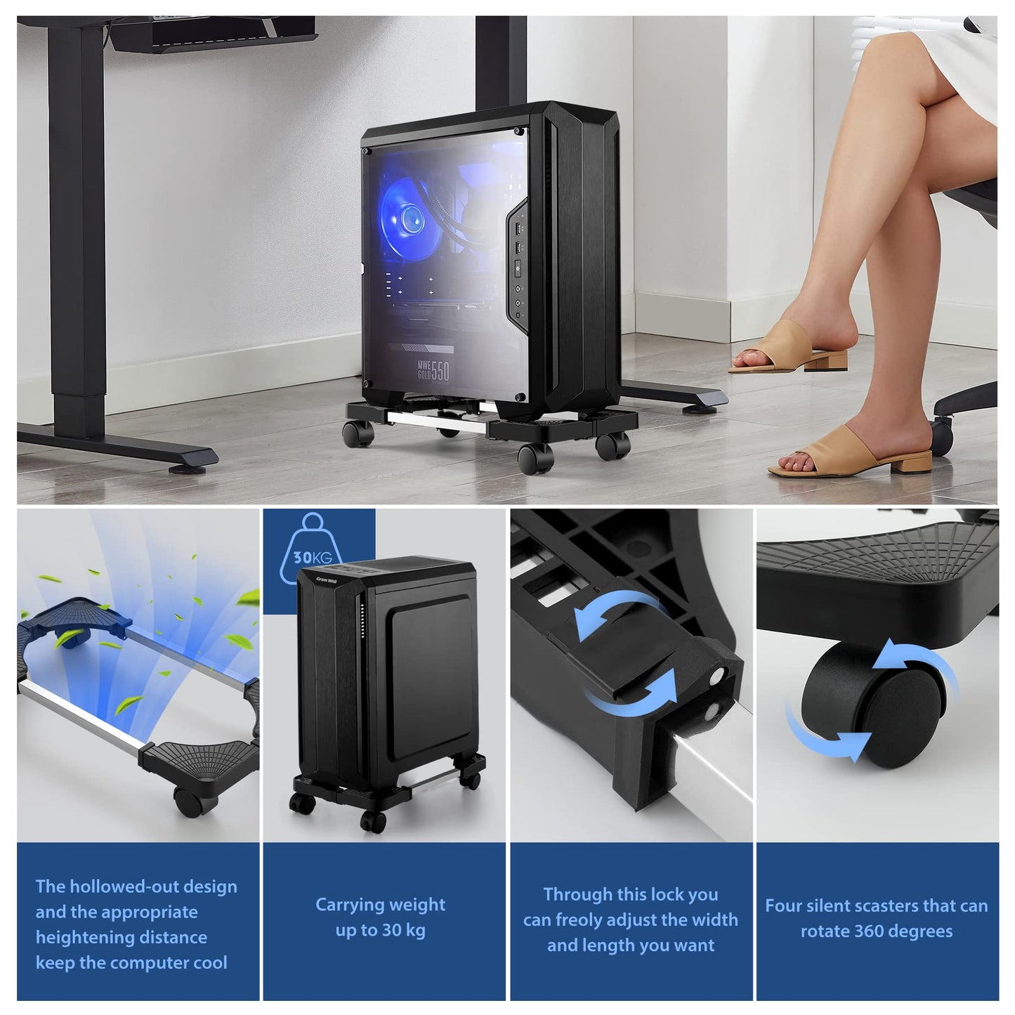 Hmseng Pc Stand, Adjustable computer tower stand, Cpu Stand with 4 Rolling Caster Wheels,Fits Most PC Under Desk-Black