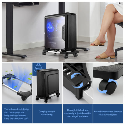 Hmseng Pc Stand, Adjustable computer tower stand, Cpu Stand with 4 Rolling Caster Wheels,Fits Most PC Under Desk-Black