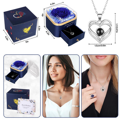 Firestyle Preserved Blue Real Rose with I Love You Necklace in 100 Languages-Eternal Flowers Rose Gifts for Her Women Mum Wife Girlfriend on Christmas