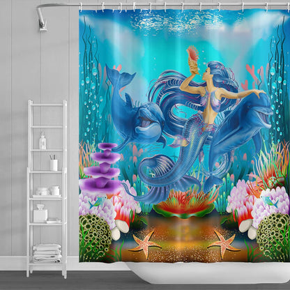 SDOTPMT 105x160cm Mermaid Whale Shower Curtain Marine Animal Seaweed Coral Reef Starfish Bath Curtain Underwater Seascape Bathtub Curtain for