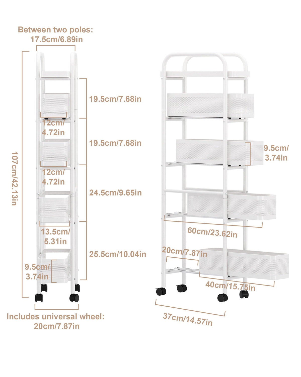 UMDONX Metal Kitchen Storage Trolley with Pull out Basket Narrow 5 Tier