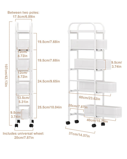 UMDONX Metal Kitchen Storage Trolley with Pull out Basket Narrow 5 Tier