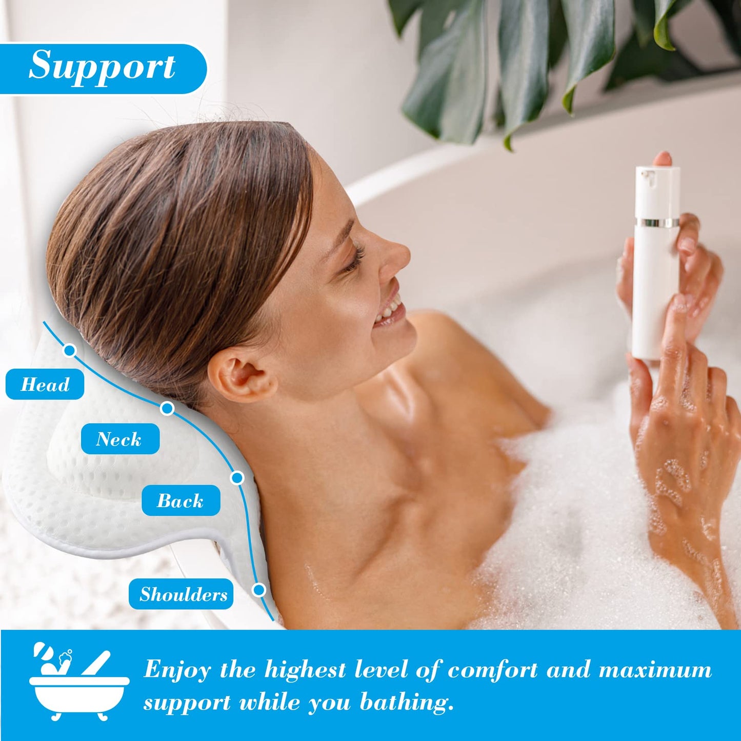 Bath Pillow 4D Ergonomic Bath Pillow Neck and Back Support Bath Cushion Air Mesh Technology Bath Headrest Pillow Bath Pillows with Strong Suction