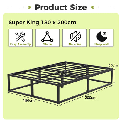 EMODA Super King Bed Frame 36cm High with Steel Slats Support, Black