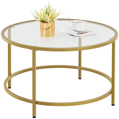 Yaheetech Round Coffee Table Tempered Glass Metal Structure Mustard Gold