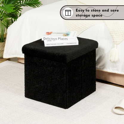 Bonlife Boucle Ottoman Storage,Foot Rest Stool Seat,Folding Footstool for Living Room,Sherpa Ottoman for Bedroom,Black,40x40x40cm