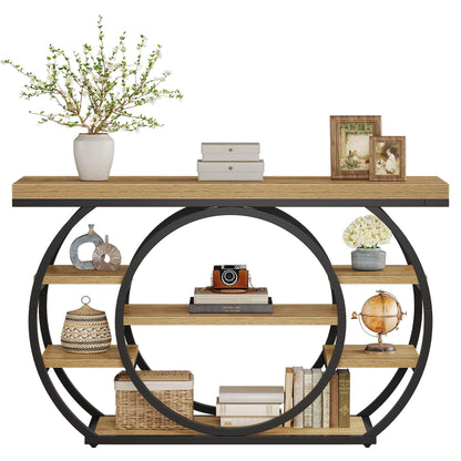 Tribesigns Circle Base Console Table | Narrow Entryway Table 120x30x80cm | 4-Tier Storage Shelf | Industrial Farmhouse Hallway Sofa Table,Rustic
