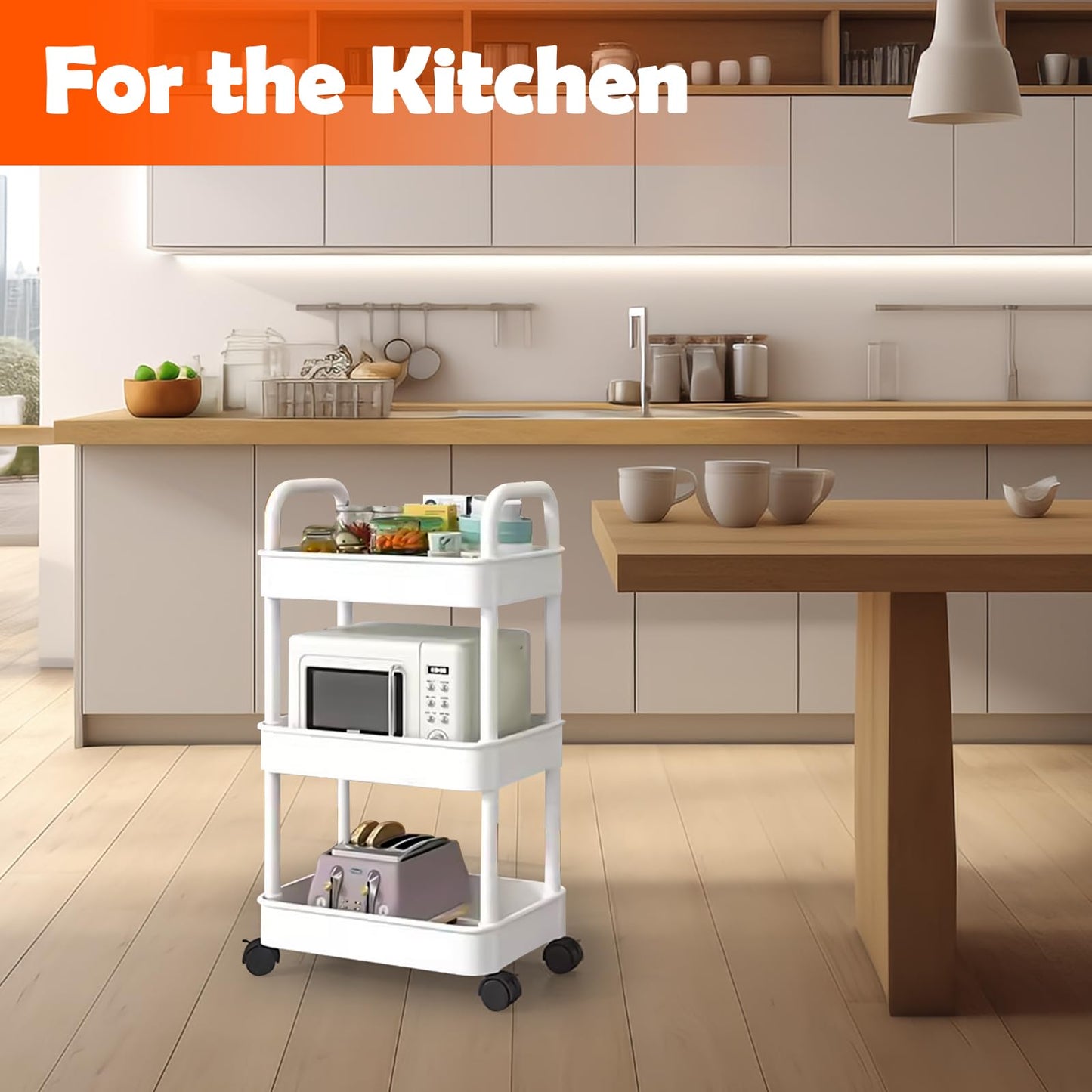 Trendecor Storage Trolley Cart 3 Tier Plastic Rolling Storage Rack, Mobile Storage Shelving Organizer Utility Cart Snack Cart Trolley for Kitchen