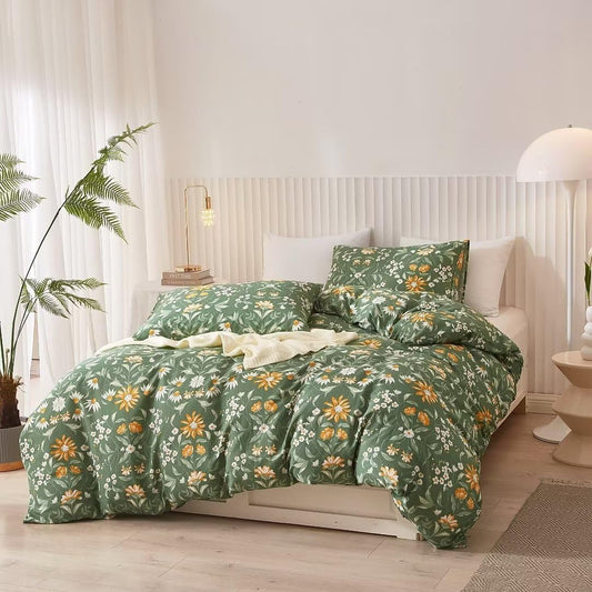 Ruccit Green Floral Duvet Cover Set King 100% Cotton Duvet Cover King Size Bed 3pcs Garden Yellow White Flowers Bedding Set with Zipper Closure Corner