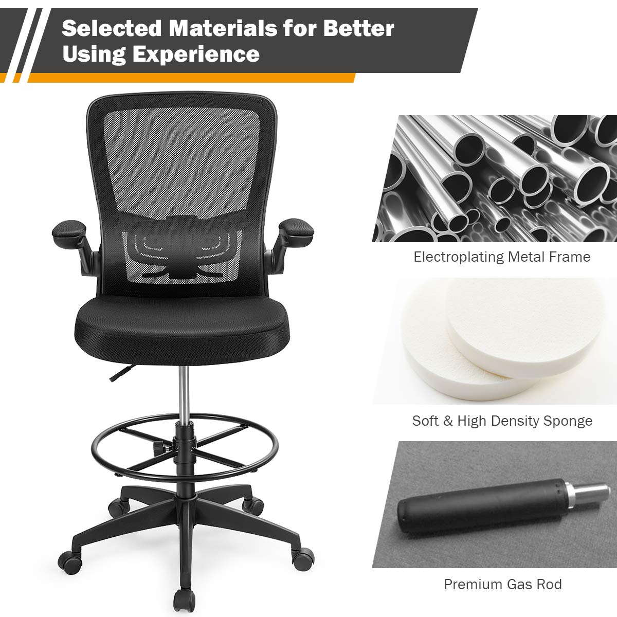 CASART Mesh Drafting Chair, Ergonomic Office Chair with Lumbar Support & Flip-up Armrests, Height Adjustable Rolling Desk Chair for Home Office