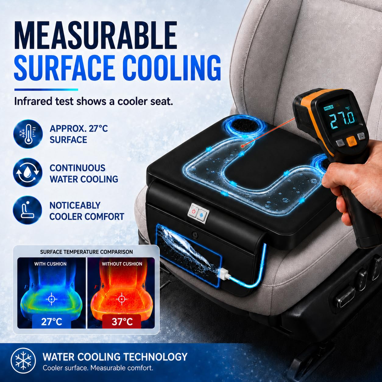 GOBRILLFUN Water-Cooled Seat Cushion Down to 27°C with Fan, USB/12V/24V