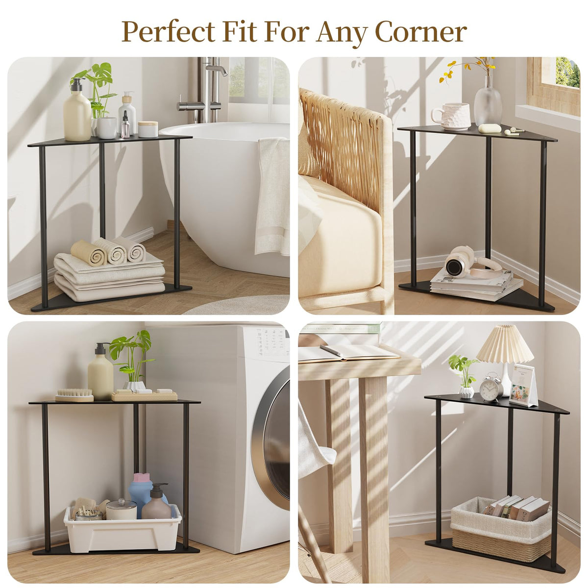 Yawinhe Triangle Metal Side Table,2-Tier Small Corner Table,Black,2 Pack