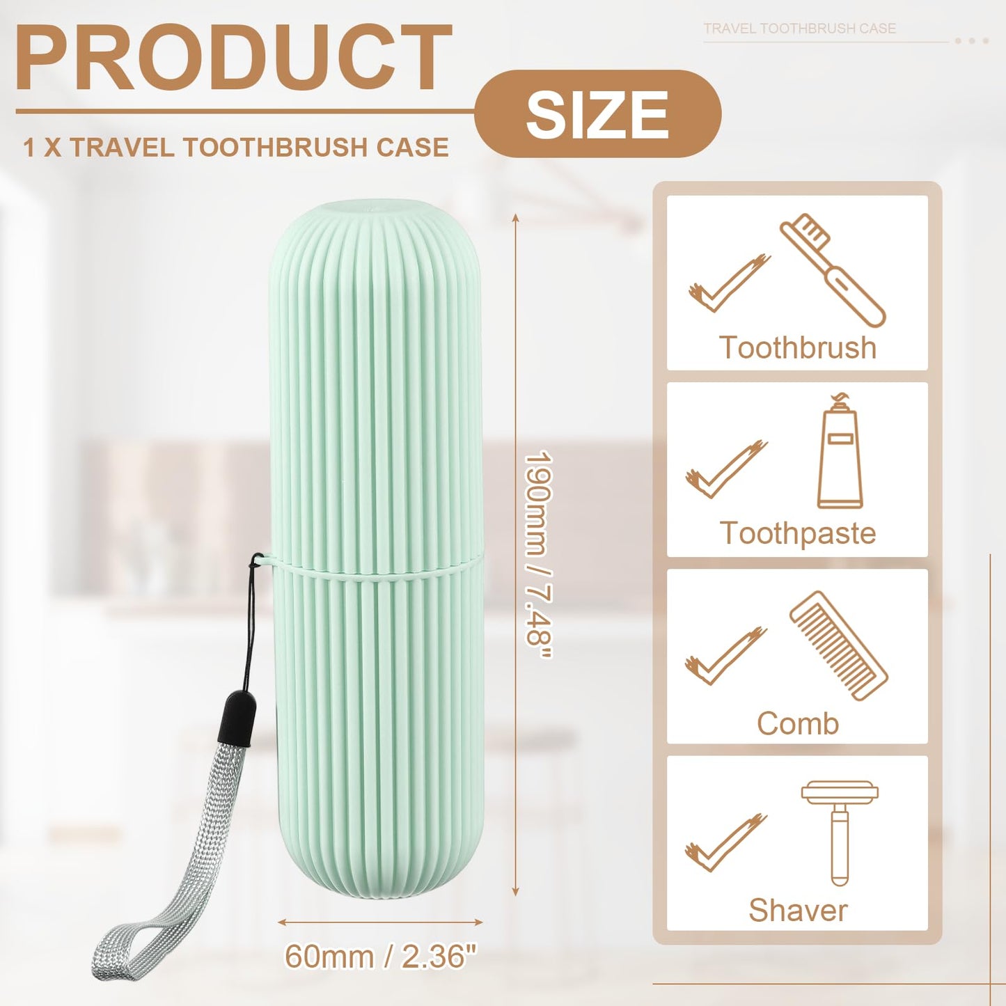 sourcing map 1Pcs Travel Toothbrush Case, 7.48 x 2.36" Portable Travel Toothbrush Holder with Stripe, Plastic Toothpaste Container for Bathroom, Gym