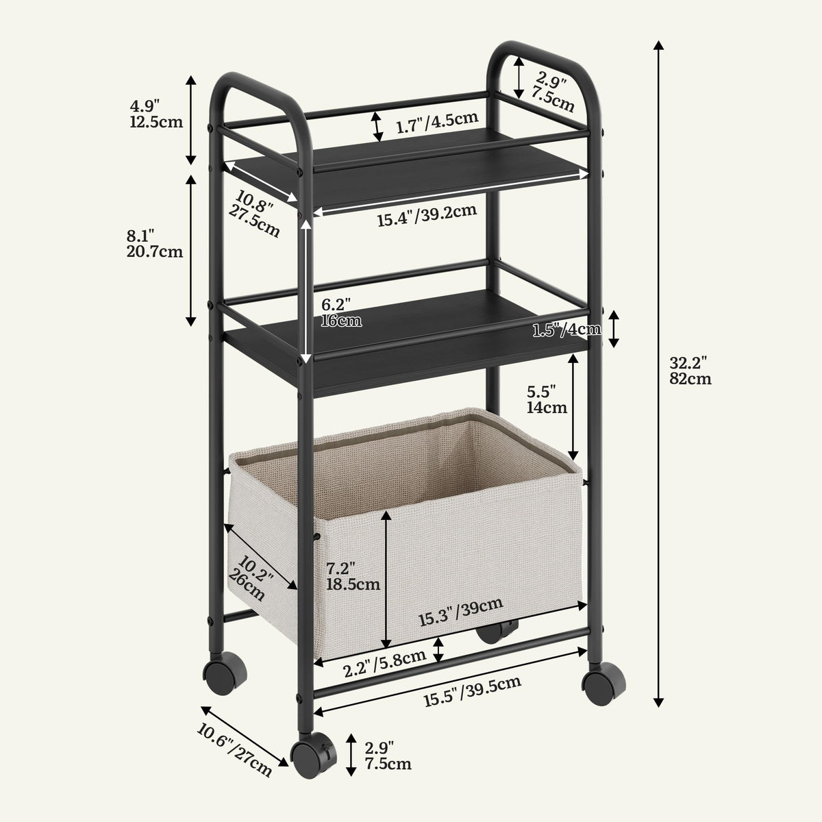 YITAHOME metal storage trolley on wheels, 3 Tier kitchen trolley, storage cart with Woven Basket, Lockable Wheels, Handle, book cart for office