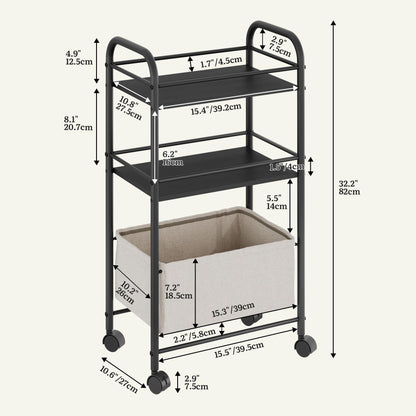 YITAHOME metal storage trolley on wheels, 3 Tier kitchen trolley, storage cart with Woven Basket, Lockable Wheels, Handle, book cart for office